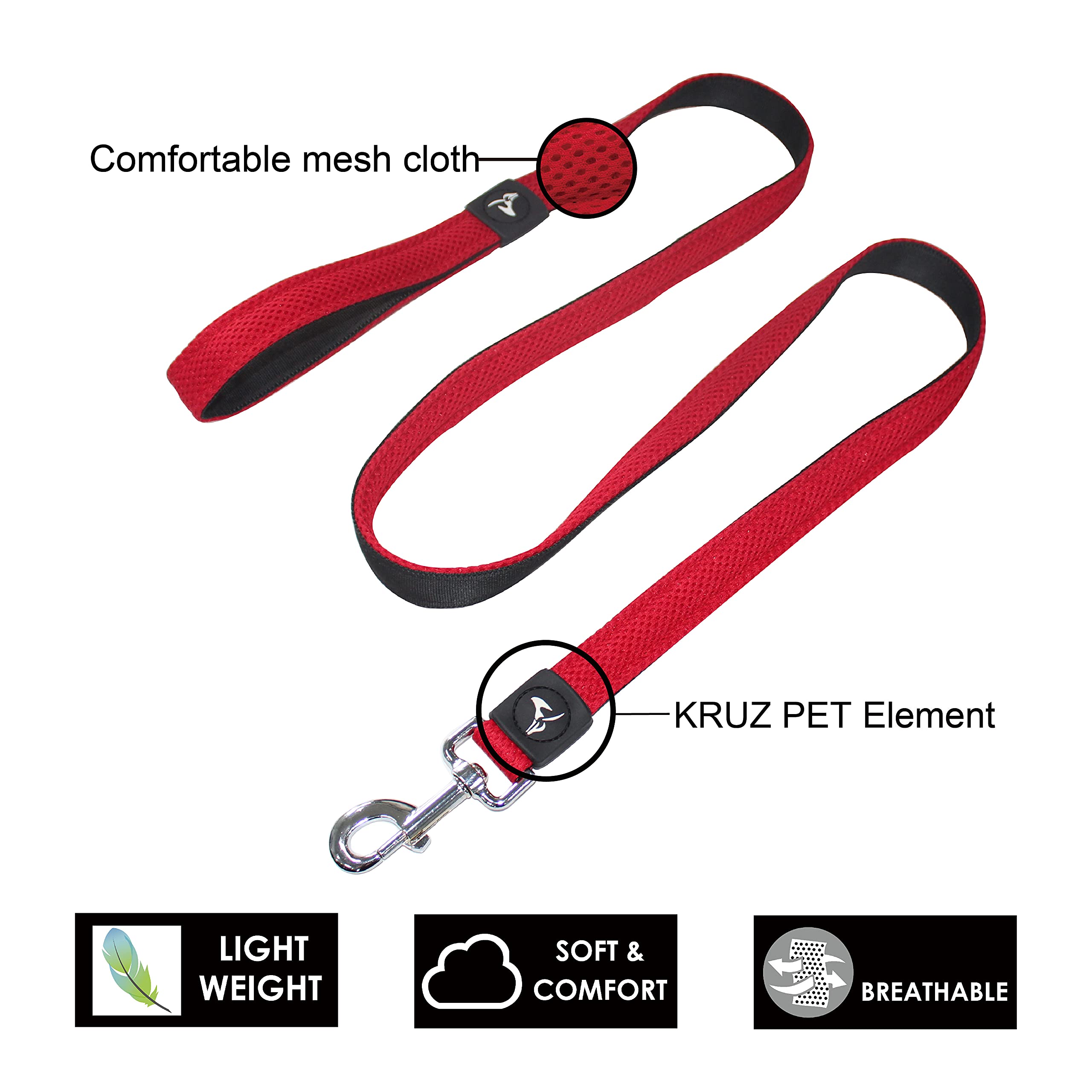 Kruz Premier 5Ft Dog Mesh Leash - Kza1160-02Xs - Lightweight, Breathable, Comfort Puffy Leash - Secure Dual-Layered Tangle-Free